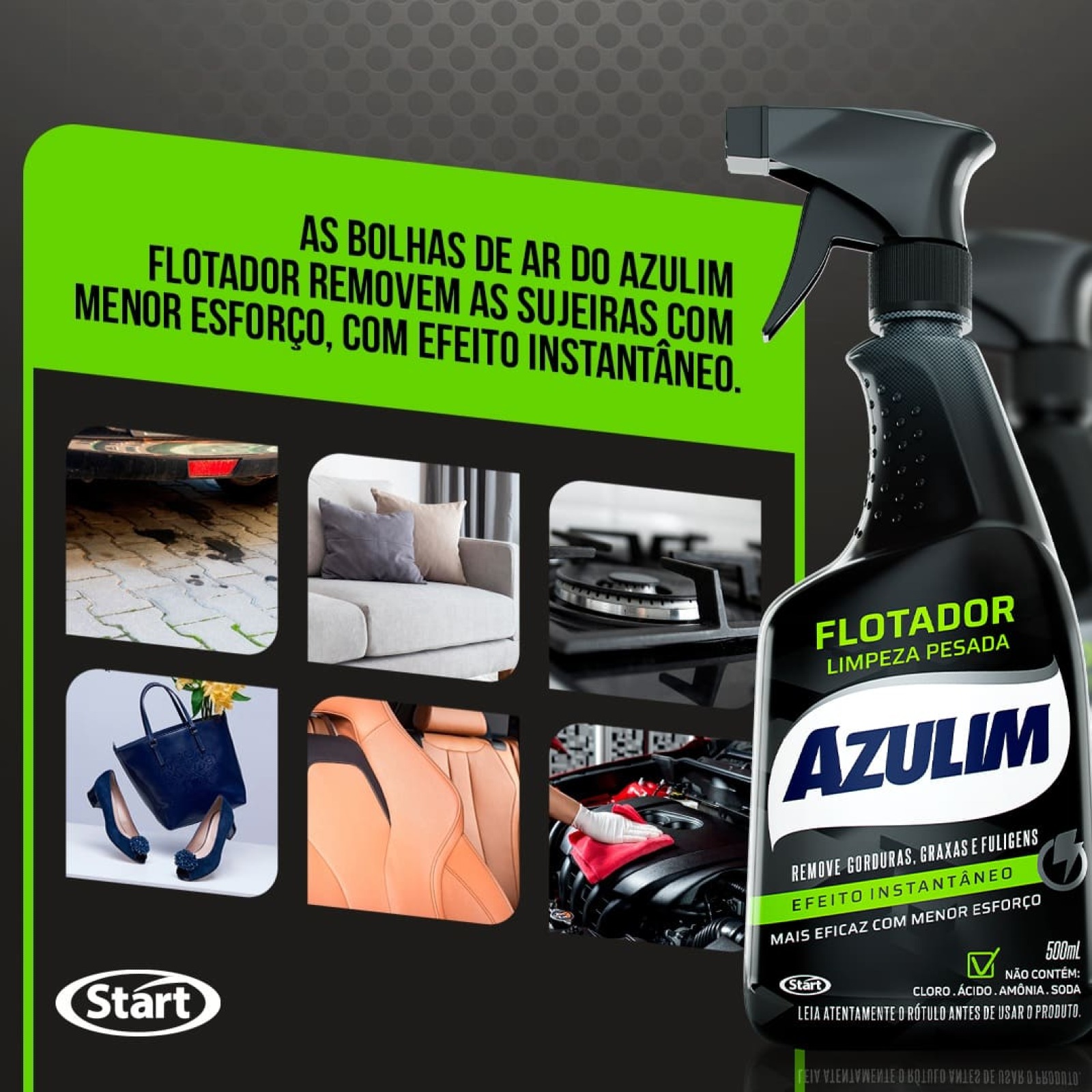 Peça de divulgação em preto e verde. Nela há embalagem do flotador Azulim e várias fotos de superfícies onde ele pode ser aplicado. 